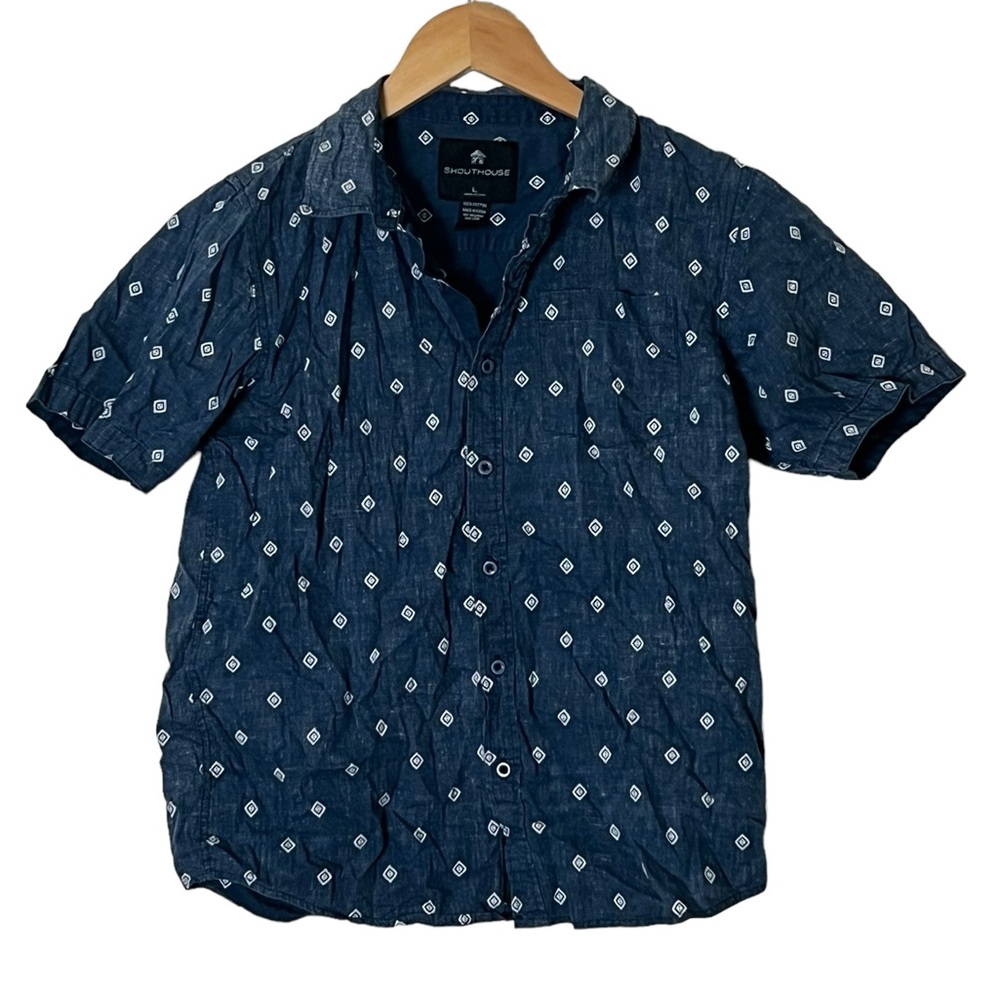 Shouthouse | Blue patterned short sleeve casual button down shirt size l…